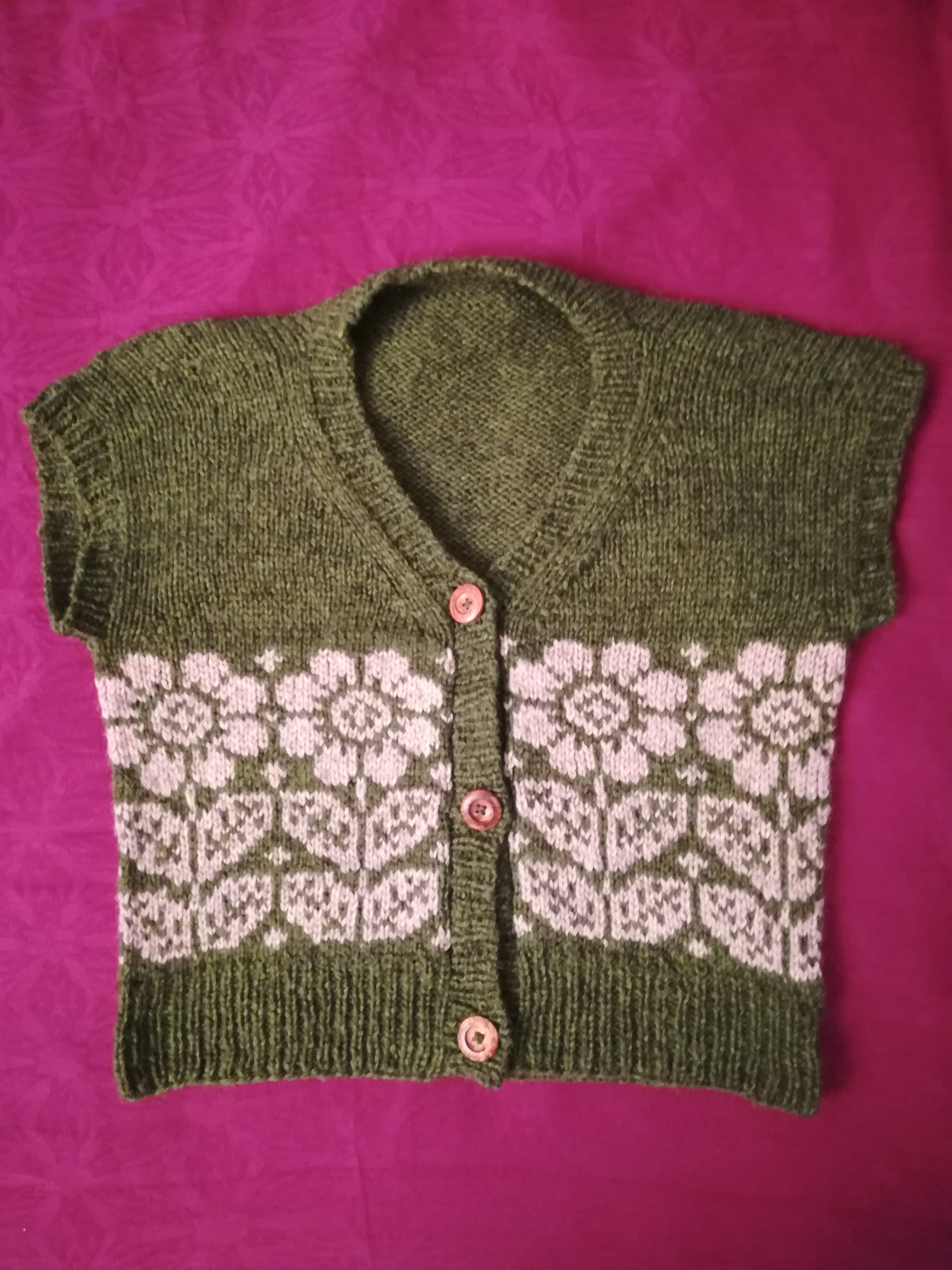 Photo d'un gilet sans manches tricoté en vert avec un motif de fleurs roses 