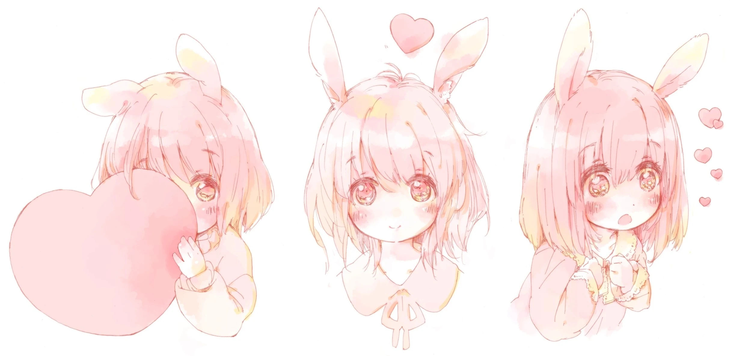 3 all-pink anime drawings of a bunnygirl, holding a very big heart and hiding behind it in the first, smiling forward with a heart floating above her in the second, and looking to the right mesmerized with hearts floating out of her face in the third