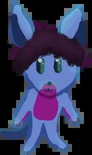 A tiny sticker figure of Gus, the blue and purple wallaby with big curly slightly purplish hair, with an oversized head, almost at an eagle eye perspective as if someone's about to pick him up. He has glints in his beady eyes and a cat face (colon-three).