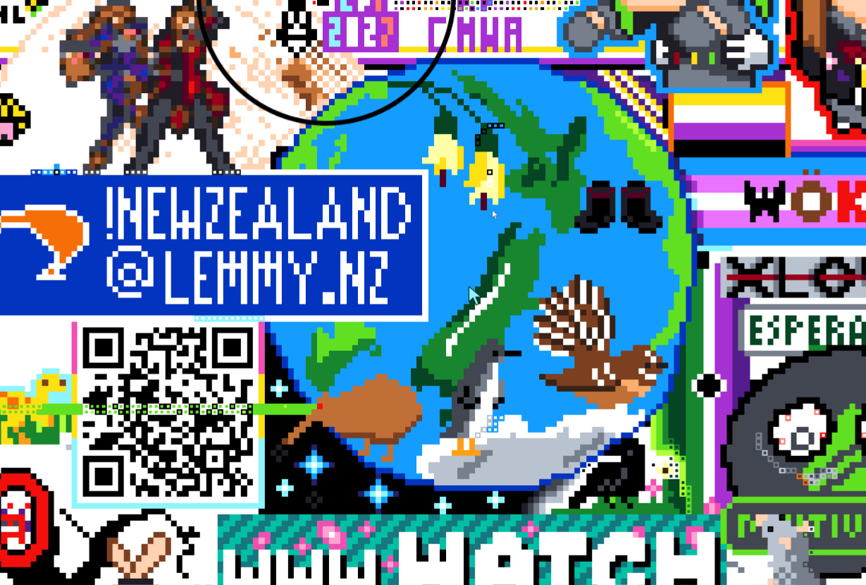screen shot of the same lemmy template (lemmyNZ logo, !newzealand@lemmy.nz text plus fantail, penguin, gumboots, laser kiwi) but wth some stars and black background at the bottom left, and a Voidpunk flag on the right (no I don't know what that is), and a corvid/crow/rook or something squeezed in under the lemmy NZ logo