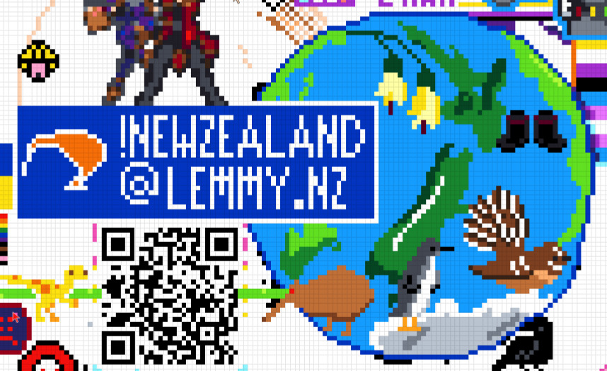 Our canvas progress, showing !newzealand@lemmy.nz, the lemmyNZ logo, gumboots, a fantail, a penguin, and a laser kiwi. Plus the items around us, a big QR code to the bottom right (goes to vegan site), a rook/crow looking thing at bottom left, and some not quite recognisable stuff from at the top due to the cropping, people at top left but half cut off