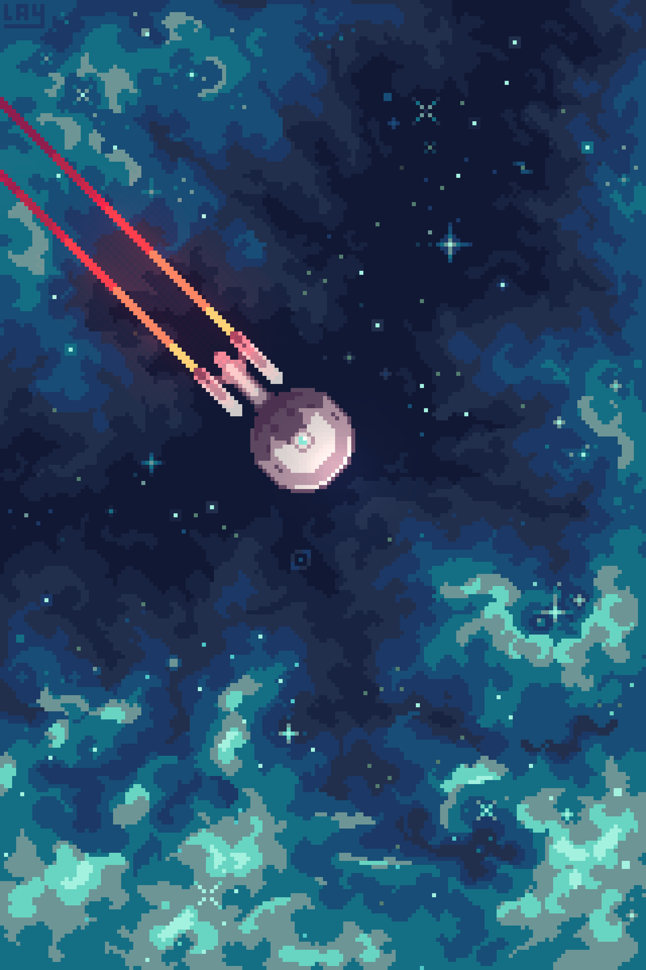 Pixelart of the Enterprise starship boldly going into a dense pale blue nebula, complemented by the red engine fumes coming out of the Enterprise, the dark background behind is filled with tiny bright stars.