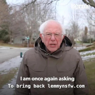 Bernie Sanders meme. He's standing outside in a jacket, facing the camera. Text: "I am once again asking to bring back lemmynsfw.com