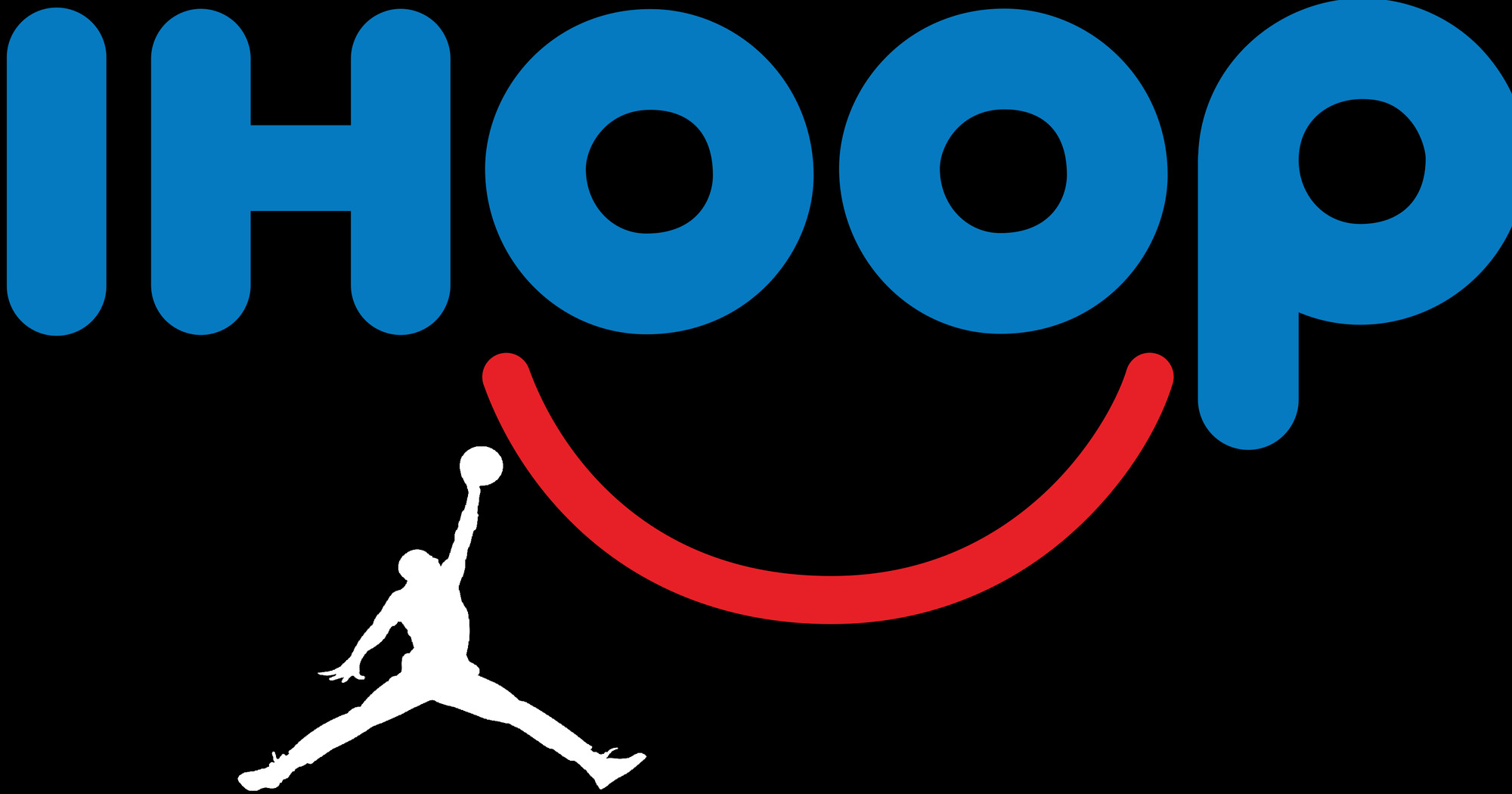 The IHOP logo altered to say "I hoop" with the Air Jordan logo underneath it, dunking into IHOP smile