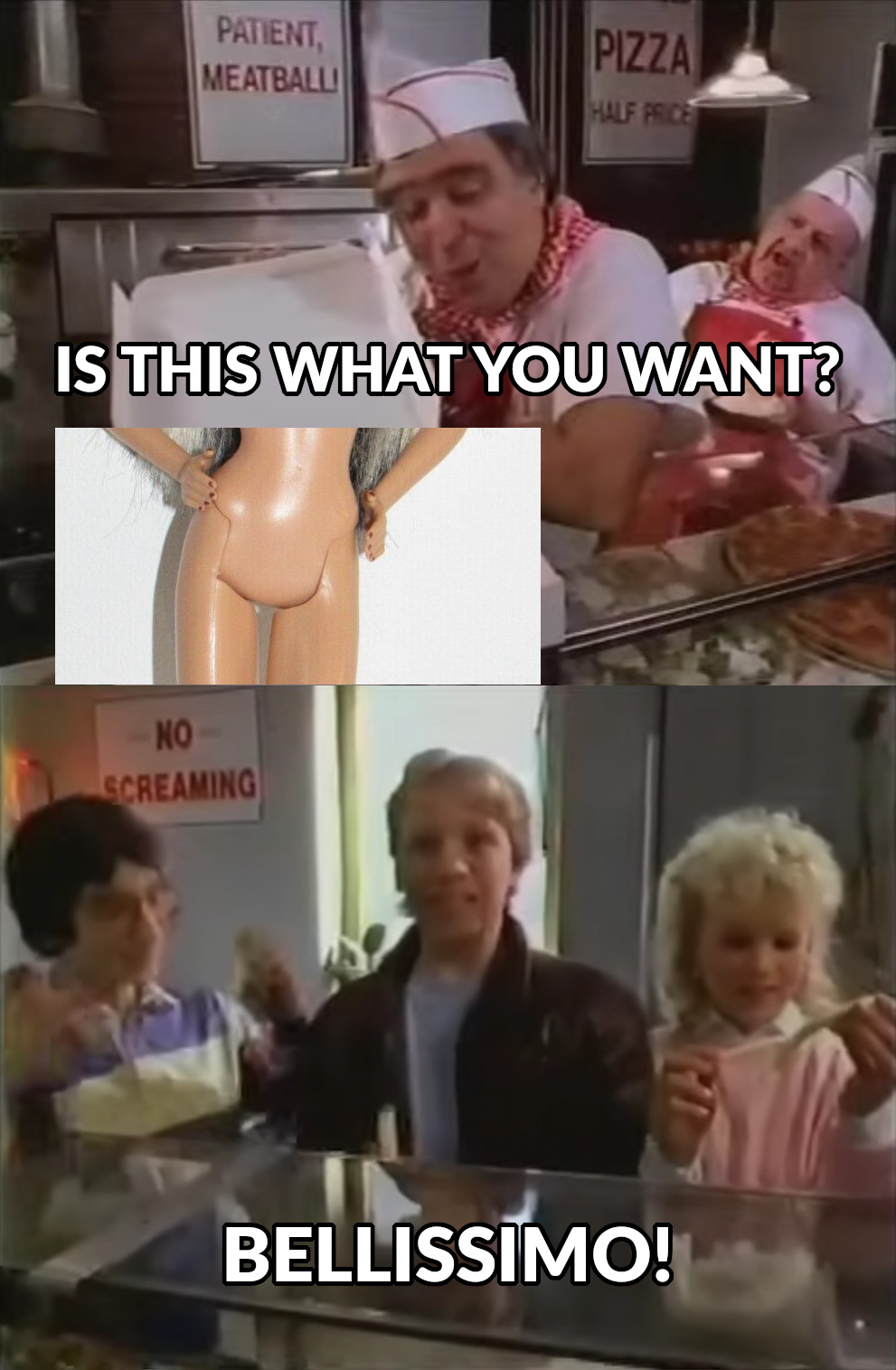 The cashier offers the kid a barbie doll crotch and he's very happy with it