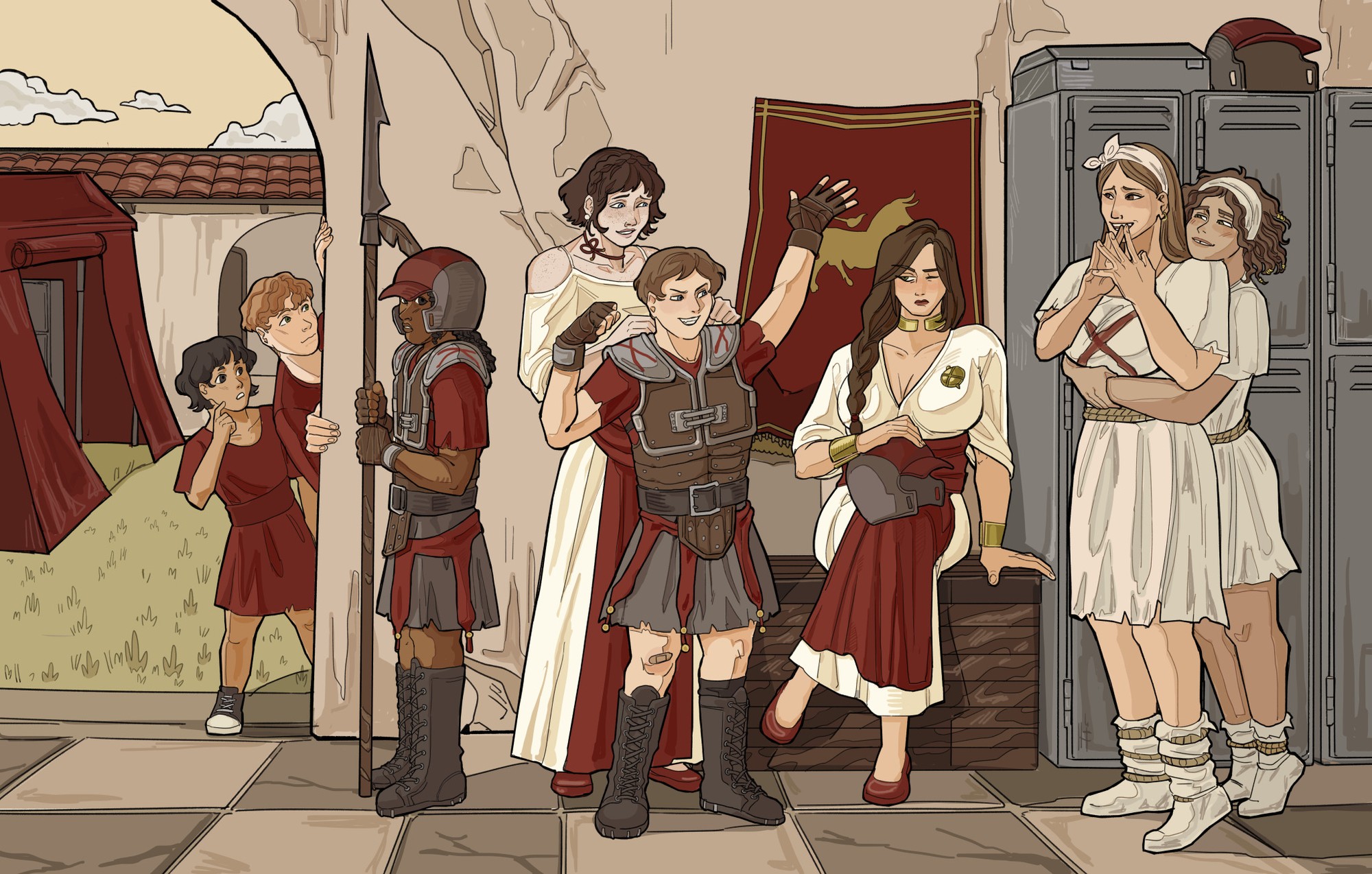 Priestesses of Mars and Legion Slaves fitting the armor of Child Legionaries