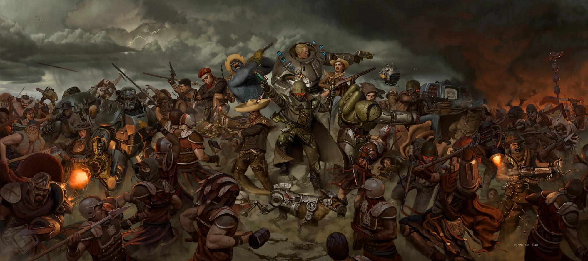 Mural Depicting the Courier Flanked by companions amidst the Second Battle of Hoover Dam, flanked by various factions under smoke, primarilly NCR Soldiers and Caesar's Legionarres