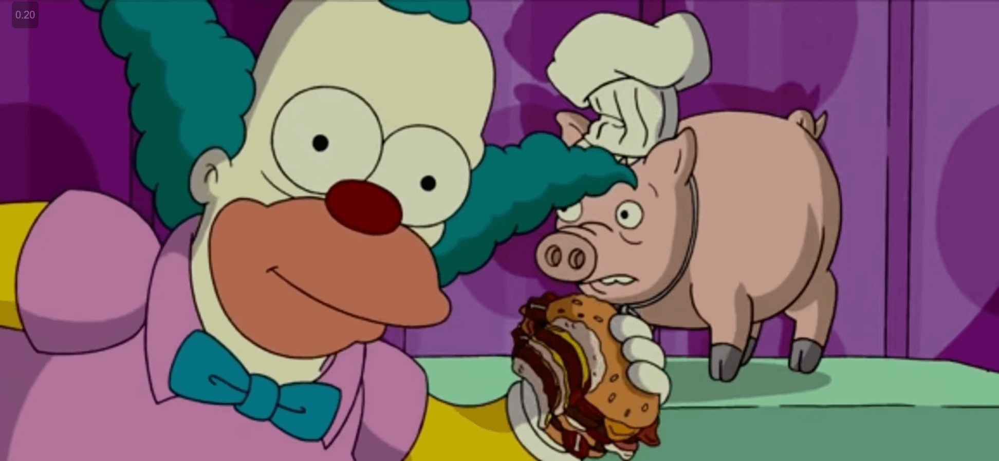 Screenshot from The Simpsons Movie. Krusty is eating a Krusty Burger with a happy face. In the background there's a pig.