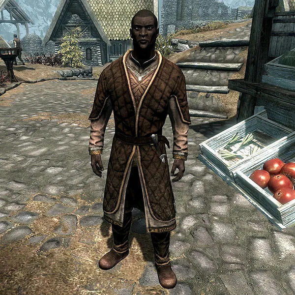 A well-dressed black man in the marketplace of Whiterun, Skyrim
