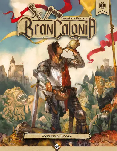 The cover of the Brancalonia setting book, featuring an adventurer trying to get drunk.