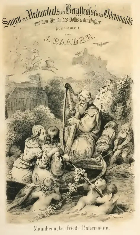 Cover of the 19th century folk tale collection "Sagen des Neckarthals, der Bergstraße und des Odenwalds", featuring a musician surrounded by assorted dodgy spirit folk.