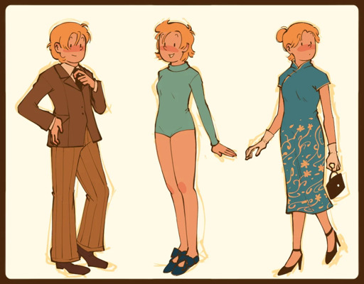 3 concept drawings of Tintin: Left is wearing a brown suit jacket with a beige collared shirt and black tie and light brown pinstripe pants and brown shoes, Middle is wearing a turquoise long-sleeved bodysuit and dark blue slip on flats, right is wearing a skyblue qipao with brown high heels and a brown handbag and white gloves and hair tied back in a bun