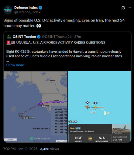 A twitter image from @Defence_Index quoting @OSINT_Tracker24 showing two images of air traffic control maps